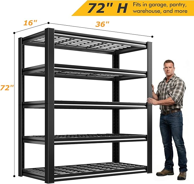 REIBII Garage Shelving 3200LBS, 5-Tier Storage Shelves, Adjustable Industrial Metal Shelving Unit for Garage, Basement, Pantry, Warehouse,Commercial, 36" W x 16" D x 72" H, 2 Pack