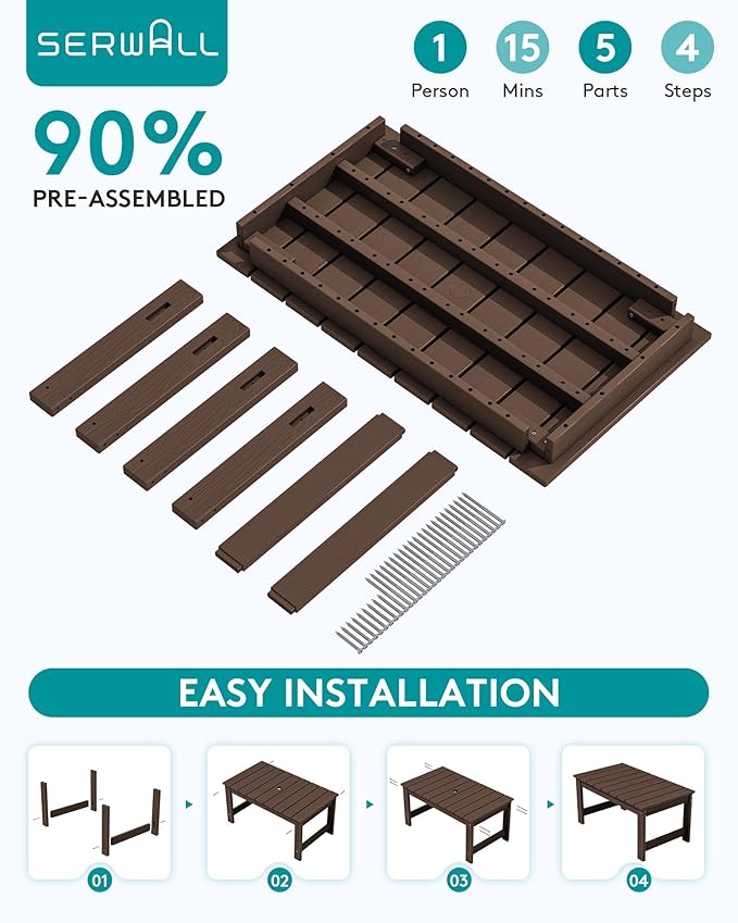 SERWALL Outdoor Coffee Table with 1.69" Umbrella Hole, HDPE Patio Coffee Table for Outside, Rectangle, Coffee