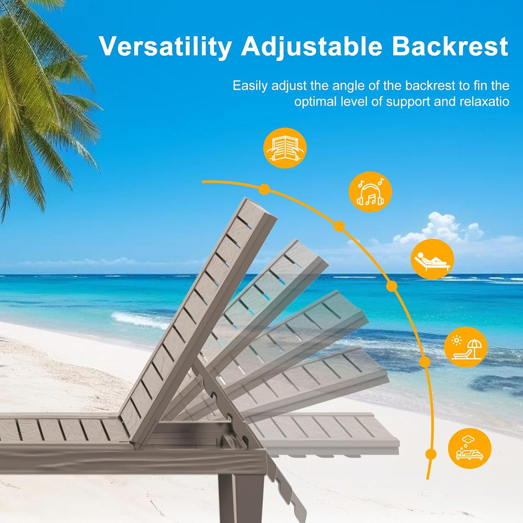 ROJIK Outdoor Chaise Lounge Chair, Single, Grey | 5-Position Adjustable Backrest, Waterproof & Lightweight, Durable Indoor/Outdoor, For Garden Pool Beach