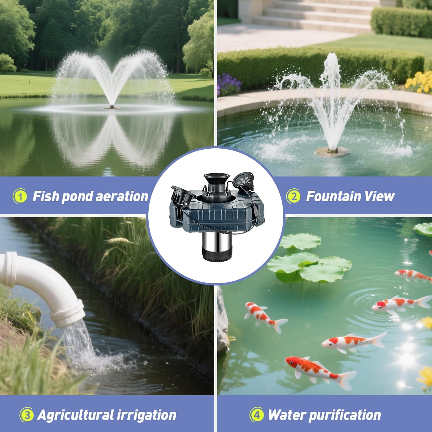 Premium LED Pond Fountain with RGB Lighting System, Stainless Steel Rotor, All-Copper Motor, Remote Control, Dynamic Color Changing, for Garden Ponds (Two Lights)