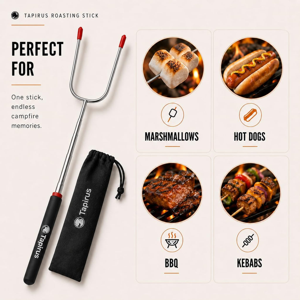 Marshmallow Roasting Sticks | Set of 4 Extra Long Retractable Campfire Sticks | Protect Kids with Insulated Handles | Extendable Smore & Hot Dog Skewers | Heavy Duty Metal Camping Accessory