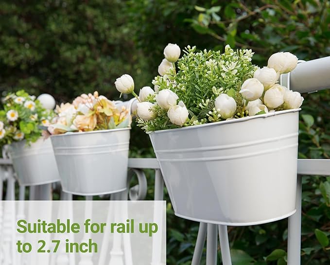 Dahey 3 Pcs 10.5 Inch Metal Iron Hanging Flower Pots for Railing Fence Hanging Bucket Pots Countryside Style Window Flower Plant Holder with Detachable Hooks Home Decor,White