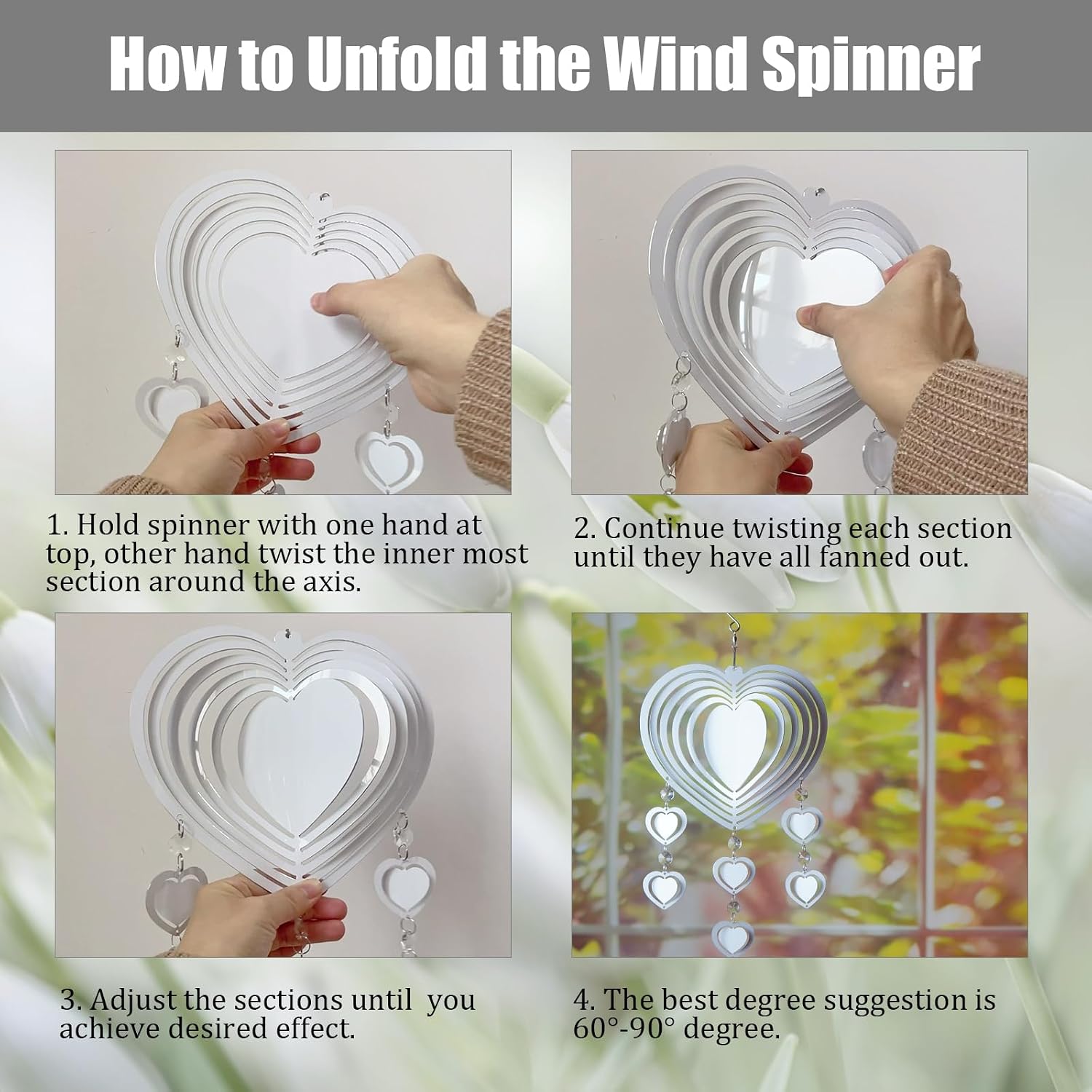 4Pack 8inch Sublimation Wind Spinner Blanks 3D Aluminum Metal Wind Sculpture Kinetic Spinners for Yard and Garden Indoor Art Ornaments Hanging Decoration (Heart Pendant)