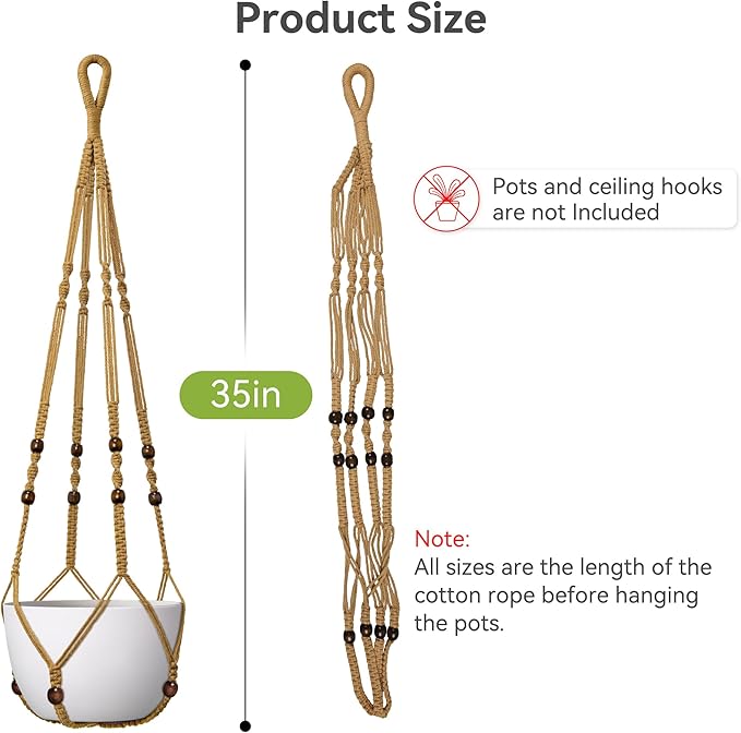 USLAI Macrame Plant Hanger Indoor Outdoor, Fits 4 to 15 Inch Pots, Strong Hanging Planter Holder, Boho Home Decor, 35 Inch, Brown, Set of 3 (POTS NOT Included)