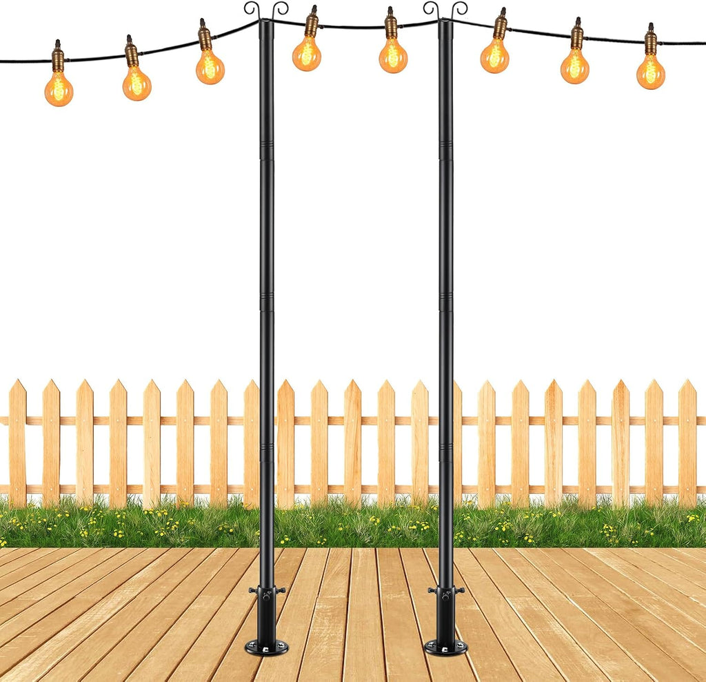 8FT Heavy Duty String Light Poles for Ground (2Pack) | Adjustable Metal Poles for Outdoor String Light Hanging with Flange Base, Backyard, Garden, Patio, for Party