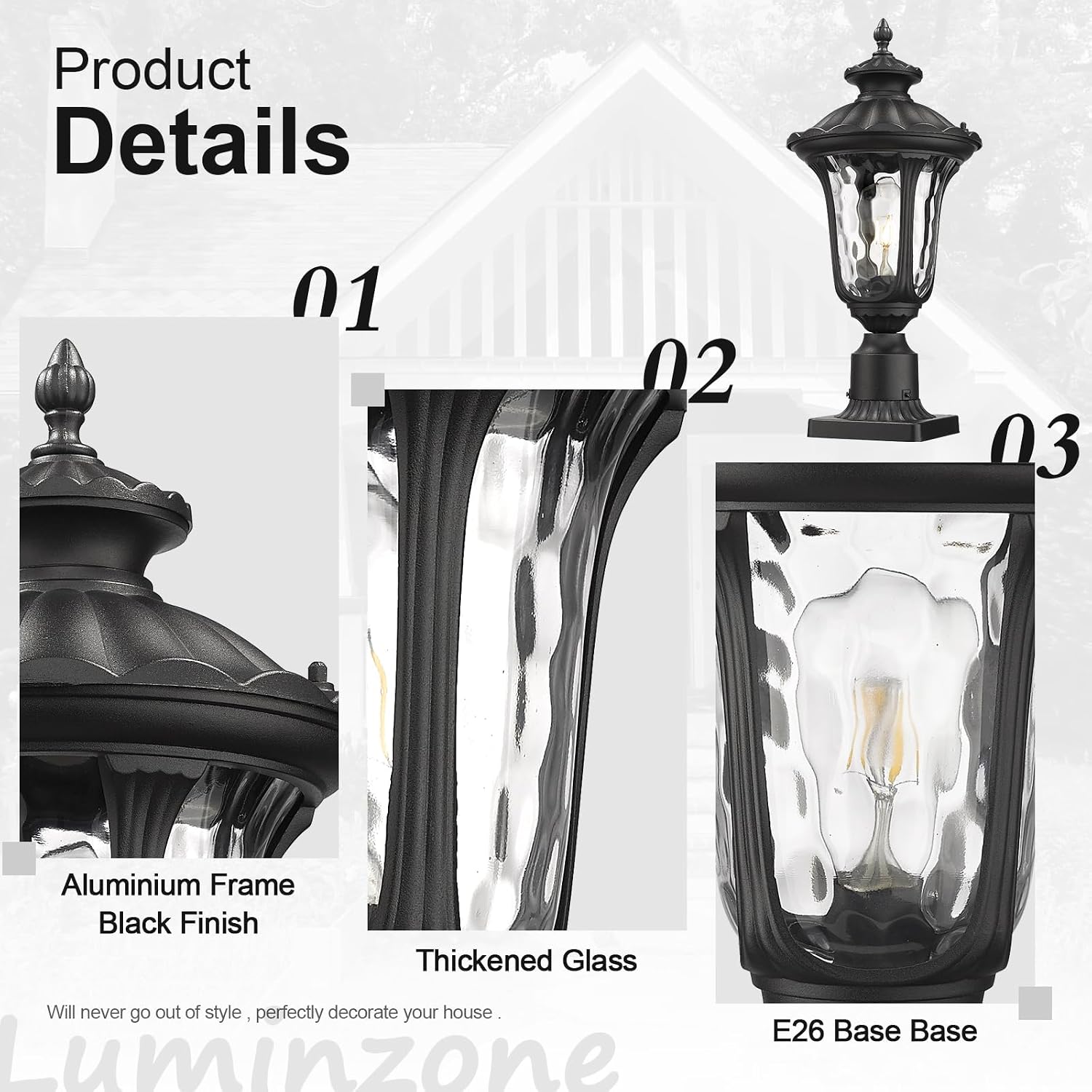 Outdoor Post Lights Fixtures, 18'' Medium Black Aluminum Waterproof and Anti-Rust Pole Lantern Lighting Fixture for Walkway, Patio, Porch