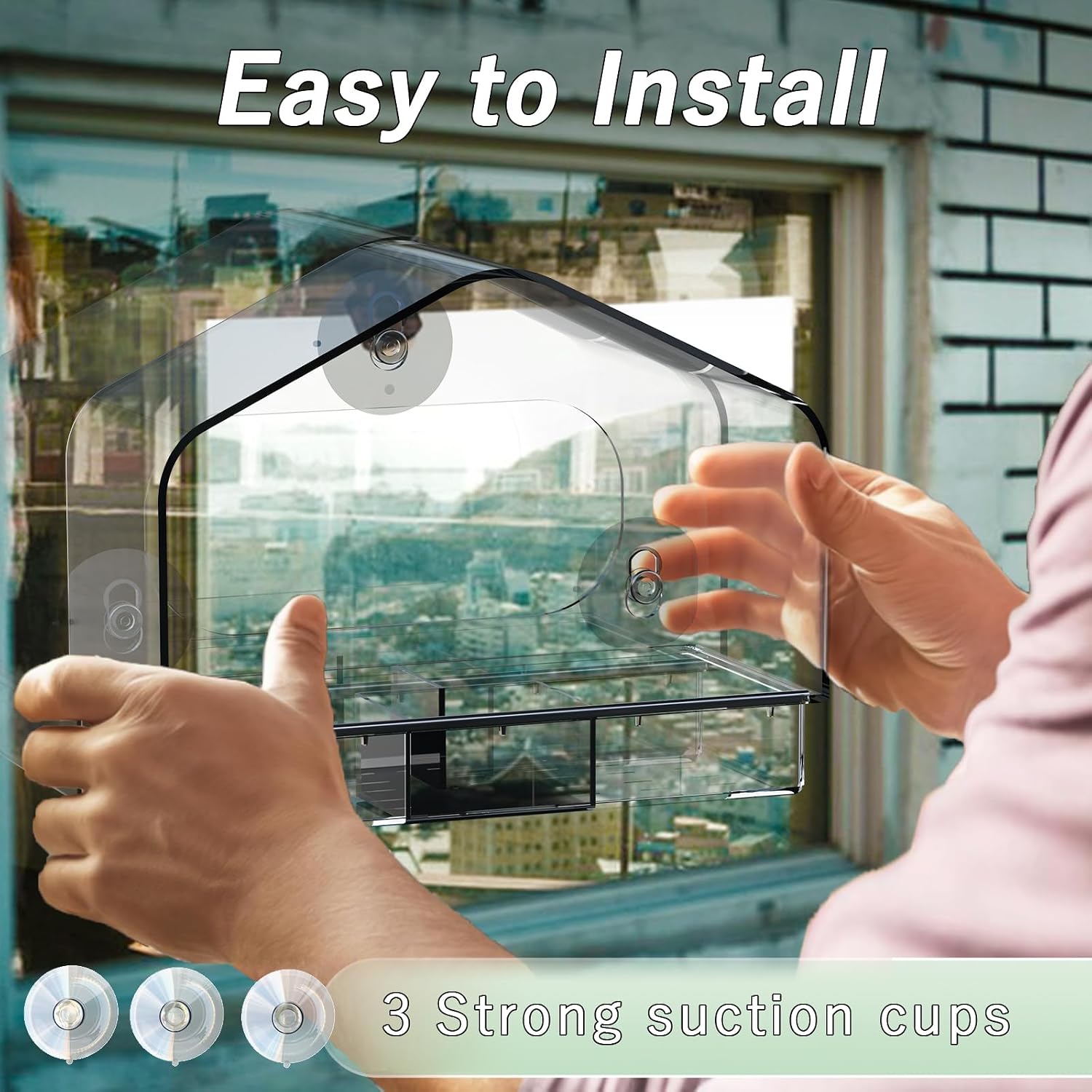 Clear Window Bird Feeder with 3 Strong Suction Cups and Detachable Seed Tray, Sturdy Acrylic Bird Feeders for Viewing Wild Birds Outside, and Garden Decor, Outdoor Birdhouse Feeder
