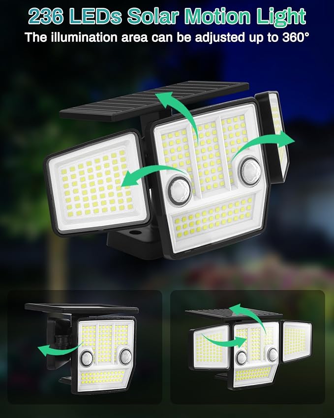 Solar Lights Outdoor, In-Ground or Wall Mount, 180° PIR Motion Sensor, 236 LED 2500 Lumens 360° Illumination Solar Security Flood Light, Dusk to Dawn, 3 Modes, IP65 Waterproof, 4 Pack