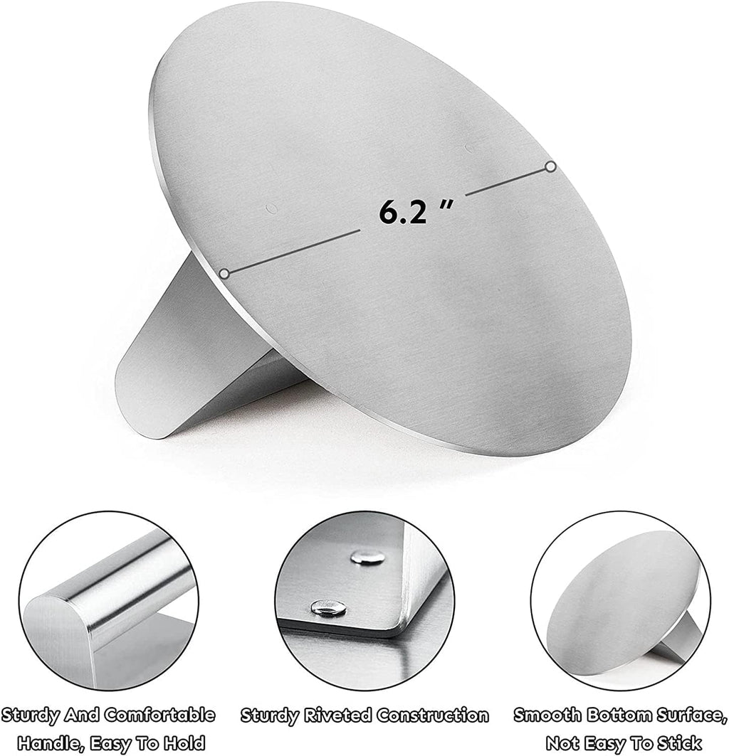 HULISEN Stainless Steel Burger Press, 6.2 inch Round Burger Smasher, Professional Griddle Accessories Kit, Grill Press Perfect for Flat Top Griddle Grill Cooking | Flat Edge, Even Pressure for Thin Patties, Dishwasher Safe, Griddle Accessories Fit Flat