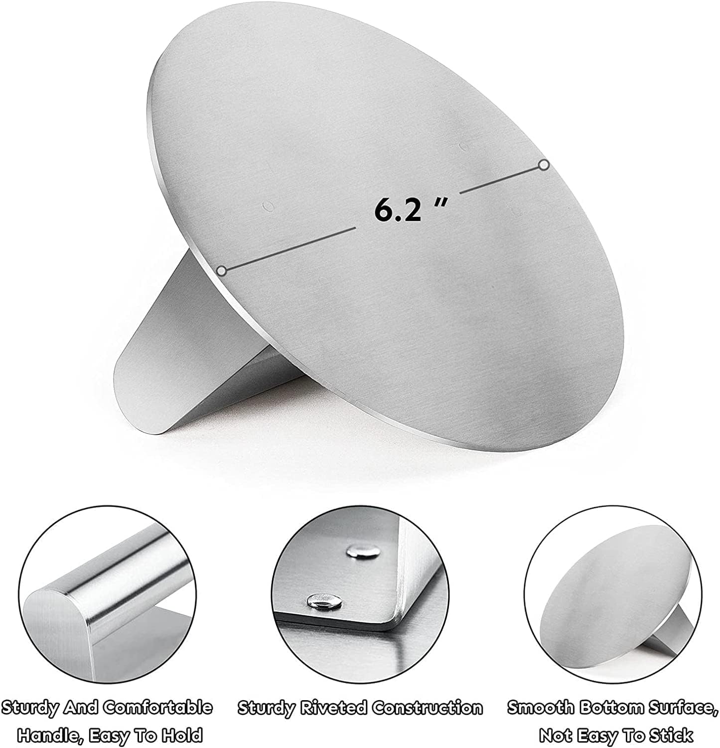HULISEN Stainless Steel Burger Press, 6.2 inch Round Burger Smasher, Professional Griddle Accessories Kit, Grill Press Perfect for Flat Top Griddle Grill Cooking | Flat Edge, Even Pressure for Thin Patties, Dishwasher Safe, Griddle Accessories Fit Flat