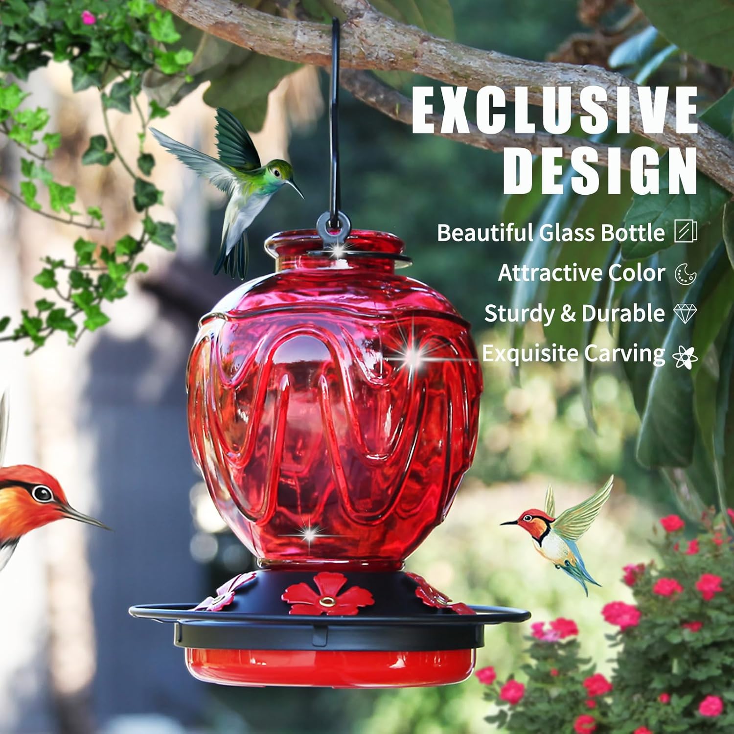 Glass Hummingbird Feeder for Outdoors Hanging, 24Ozs Humming Bird Nectar Feeder w/Perch, 5 Flower Feeding Ports, Leak Proof Base and Hook for Outside Garden Backyard Decor, Gifts for Women Mom, Red