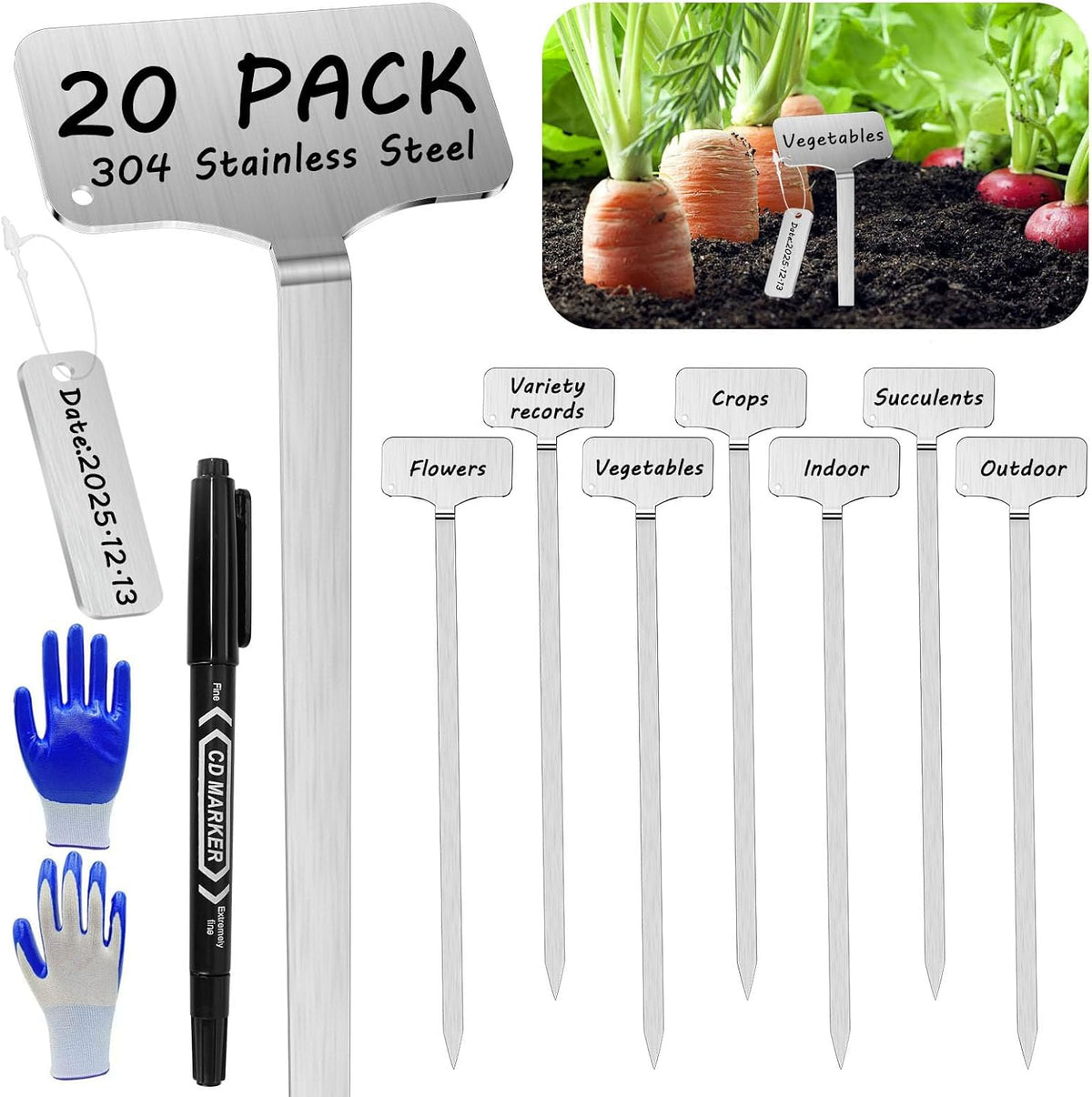 304 stainless steel plant markers, 20 waterproof metal, main product view