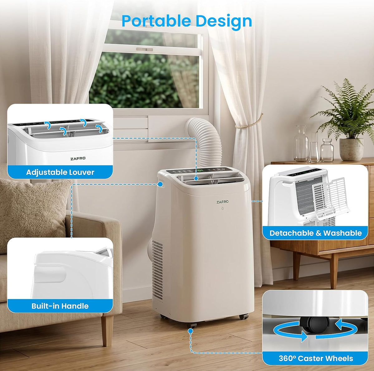 zafro portable air conditioner, 12000 btu(8000 btu sacc), close-up detail