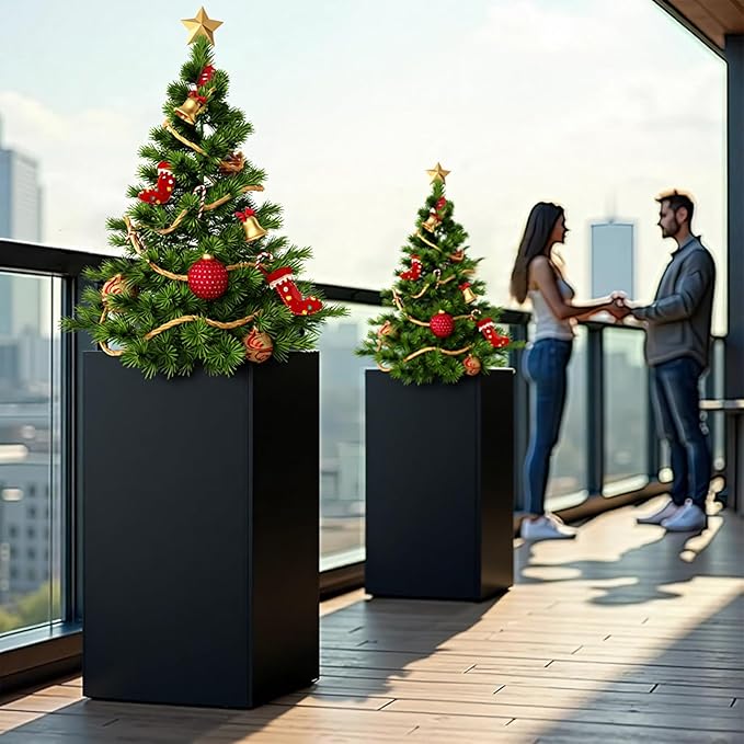 24" Tall Planter for Outdoor Plants, Modern Large Outdoor Galvanized Steel Flower Pots, Front Porch Decor, Garden Pots, Black Planters for Indoor/Outdoor, Patio, Balcony