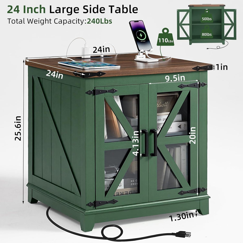 Joaxswe Farmhouse End Table with Charging Station Set 2, 24" Large Sofa Side Table with Glass Barn Door, Nightstand with Adjustable Storage Shelf, Wood Square Bedside Table for Living Room, Bedroom