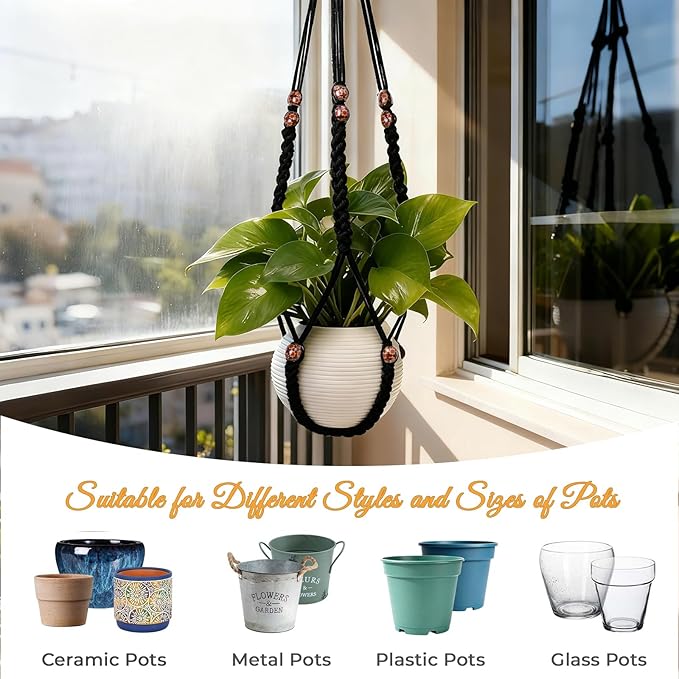 35 Inch Macrame Plant Hanger, Large for up to 15 Inch Pot Extra Long Hanging Planter Holder Basket with Wood Beads for Indoor Outdoor Home Decor (Black, 1-Pack)