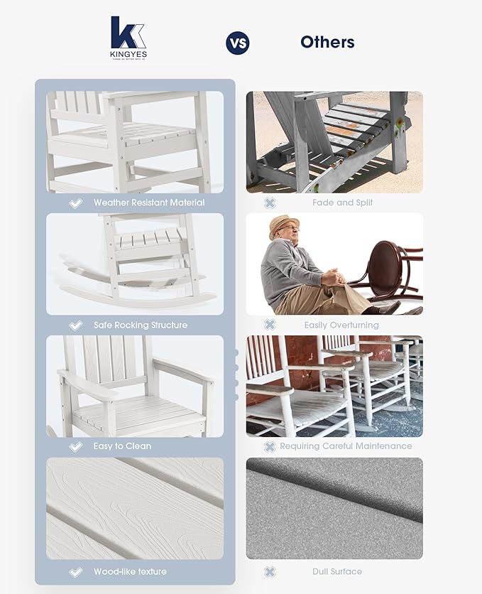 KINGYES HDPE Patio Rocking Chair Set of 2, Outdoor Rocking Chairs Porch Rocker for Adults, White