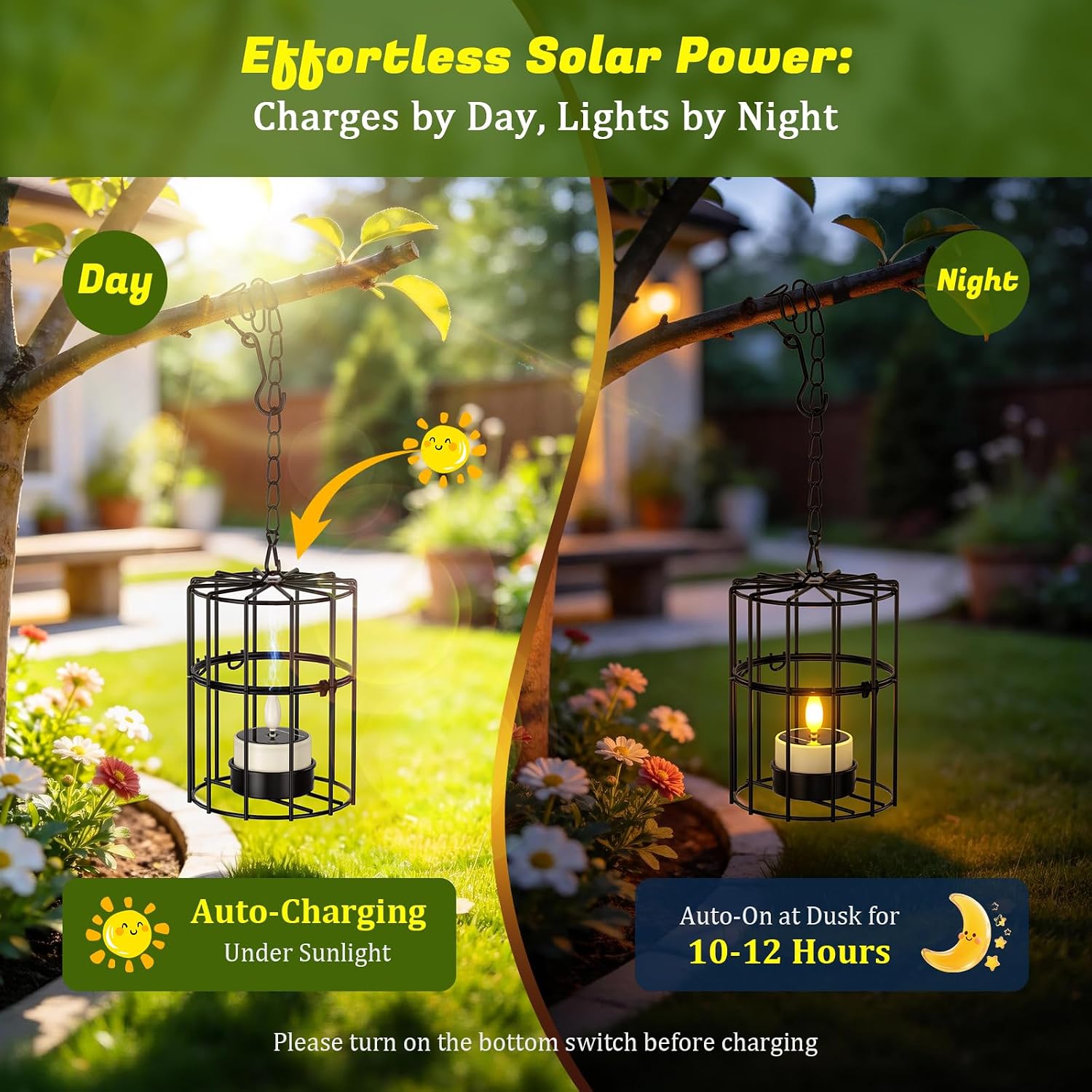 PChero Solar Hanging Lanterns Outdoor Waterproof, 4 Tea Lights, 18.1" Chain | 2 large + 2 small iron holders, flickering LED tea lights, for patio garden tree backyard, 10-12H runtime, removable chain