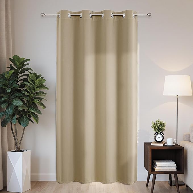 Joydeco Blackout Patio Sliding Door Curtains 90 Inches Long, Grommet Privacy Room Divider Curtains, Extra Wide Thermal Blackout Drapes for Bedroom Living Room (Light Beige, 60Wx90L, 1 Panel)