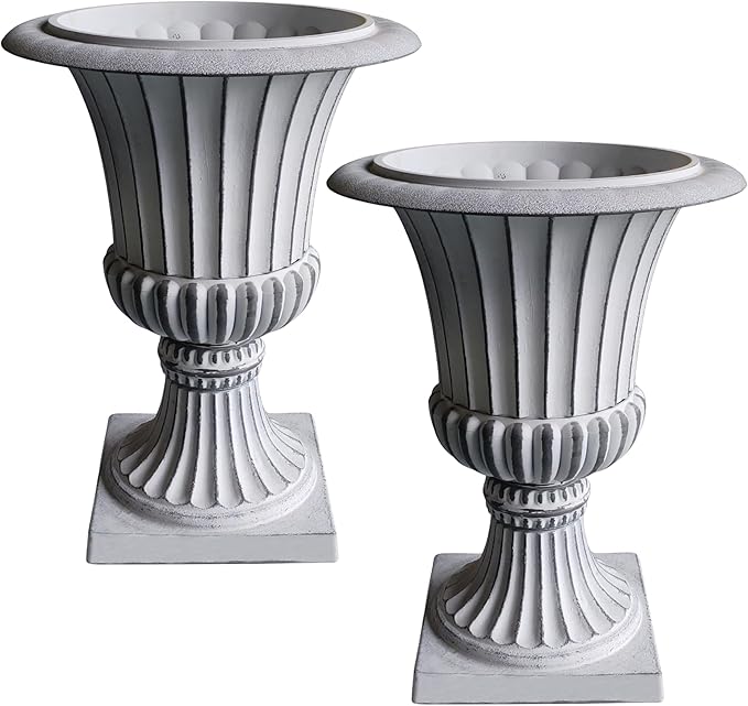 Urn Planters 22", Set of 2, Tall Stone-Resin Pedestal Planters for Outdoor Plants, Large Front Porch Decor, Patio Garden Pots, Outdoor Urns for Entryway, Porch & Deck, White Plant Pot