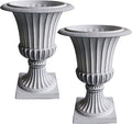 Urn Planters 22", Set of 2, Tall Stone-Resin Pedestal Planters for Outdoor Plants, Large Front Porch Decor, Patio Garden Pots, Outdoor Urns for Entryway, Porch & Deck, White Plant Pot