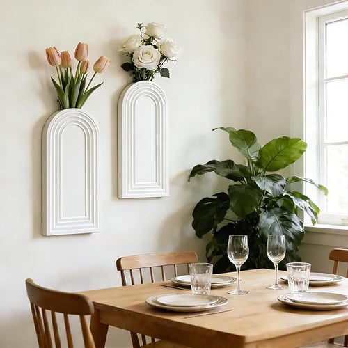 2 Pack Wooden Wall Vase Set, Boho Hanging Planter for Indoor Plants & Flowers, Wood Wall-Mounted Planters for Living Room, Modern Farmhouse Entryway or Bathroom, Rustic Art for Home (White)