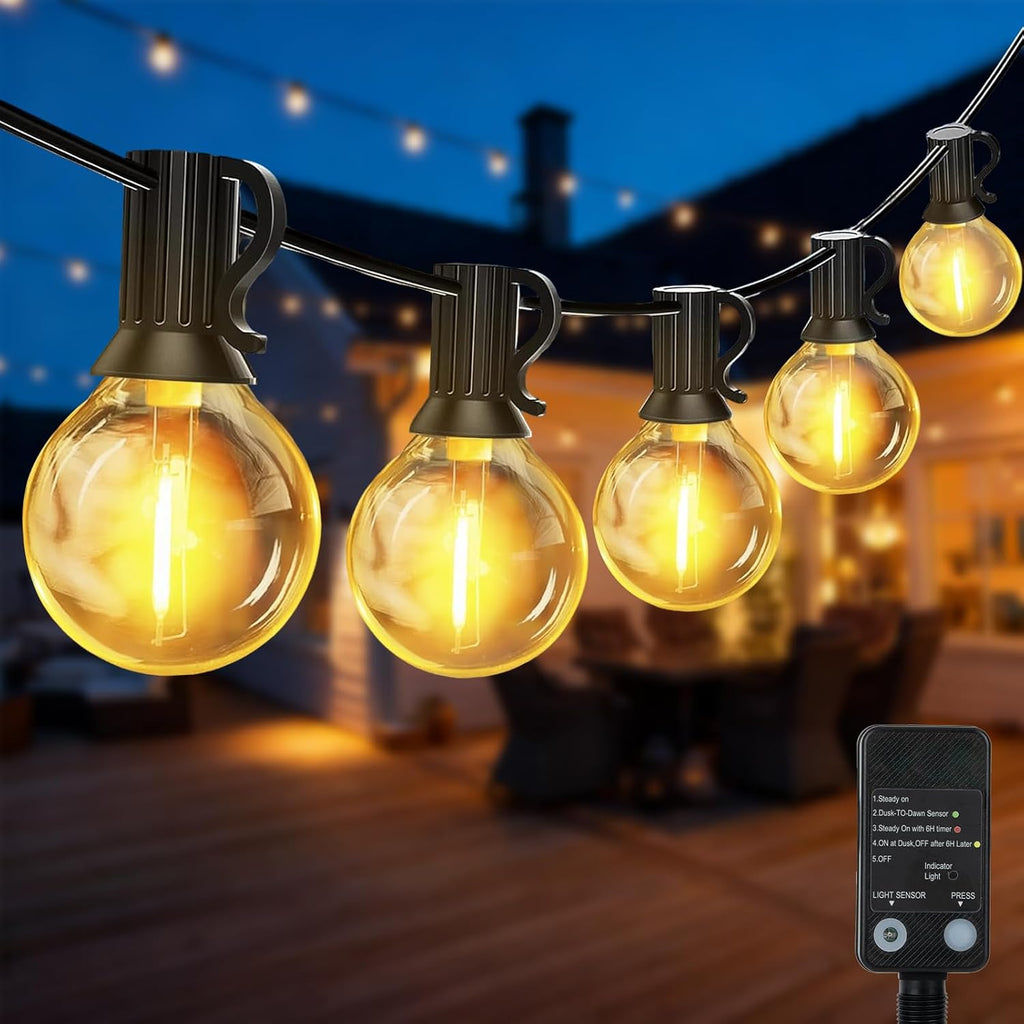 G40 LED Outdoor String Lights, 100FT LED Patio Lights with Light Sensor Timer, 52 Shatterproof Globe Bulbs(2 Spare), Waterproof Connectable Hanging Lights for Backyard Porch Balcony Decor