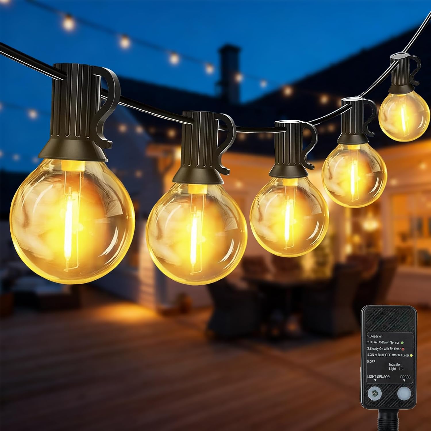 G40 LED Outdoor String Lights, 100FT LED Patio Lights with Light Sensor Timer, 52 Shatterproof Globe Bulbs(2 Spare), Waterproof Connectable Hanging Lights for Backyard Porch Balcony Decor