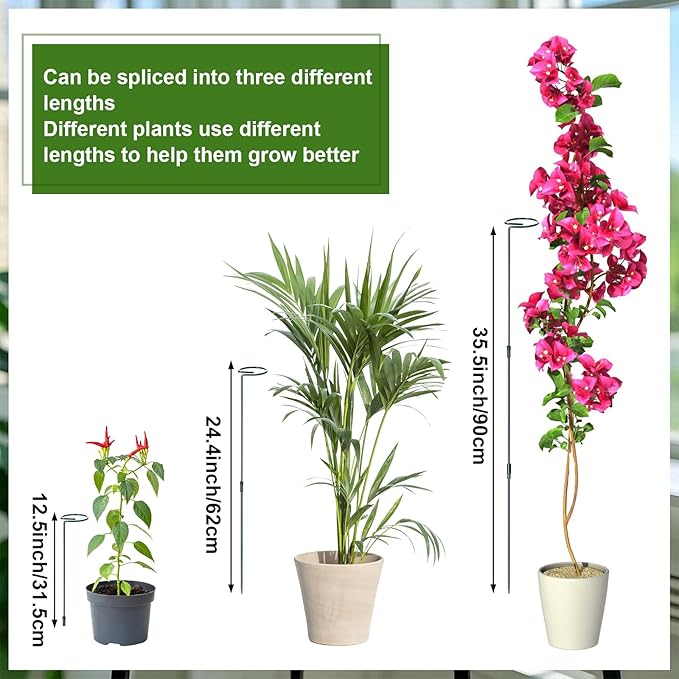 Mwellewm 6 Sets Plant Stakes 12/25/36 Inch Adjustable Plant Support Stakes Tall for Indoor Outdoor Plant Holder Stick Steel Garden Stem Pole Amaryllis Stakes with 30 Clip for Tomato Orchid Lily Flower