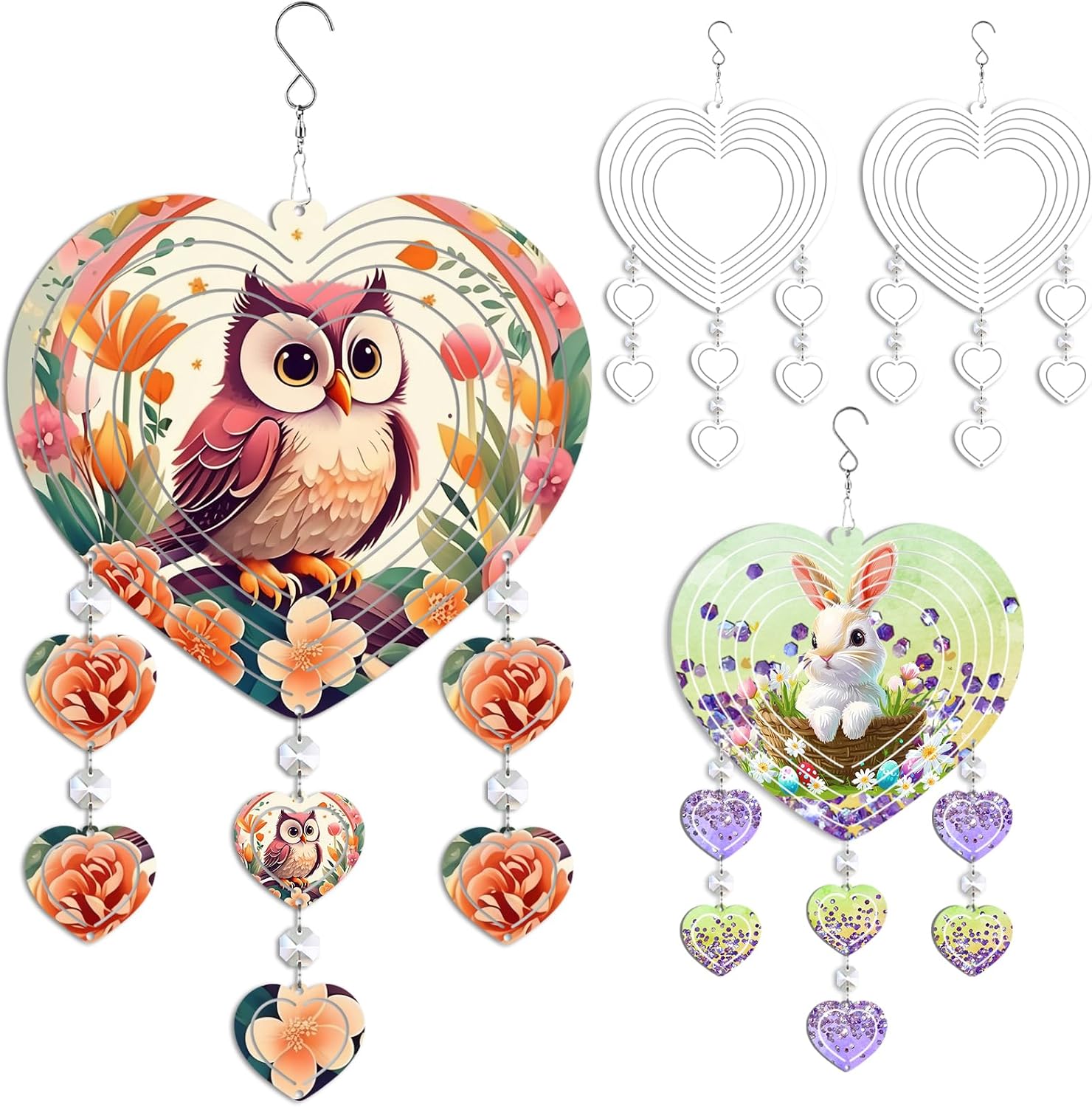 4Pack 8inch Sublimation Wind Spinner Blanks 3D Aluminum Metal Wind Sculpture Kinetic Spinners for Yard and Garden Indoor Art Ornaments Hanging Decoration (Heart Pendant)