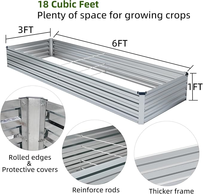 3 Pack 6x3x1FT Galvanized Raised Garden Bed Kit, Outdoor Metal Planter Box for Vegetables, Bottomless Rectangular Gardening Bed with Support Rods, Tool-Free Assembly, Silver