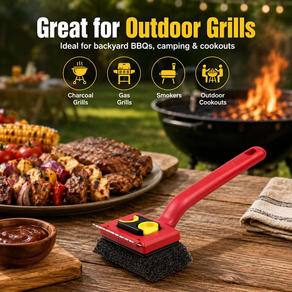 Bristle-Free BBQ Grill Brush for Outdoor Grill, Steam Grill Cleaner with Scraper & 2 Detachable Scrub Heads for Gas, Charcoal, Porcelain, Cast Iron Grates