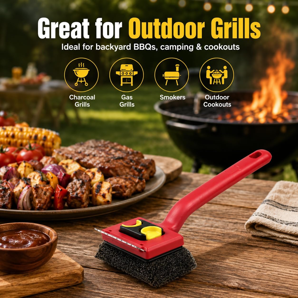 Bristle-Free BBQ Grill Brush for Outdoor Grill, Steam Grill Cleaner with Scraper & 2 Detachable Scrub Heads for Gas, Charcoal, Porcelain, Cast Iron Grates