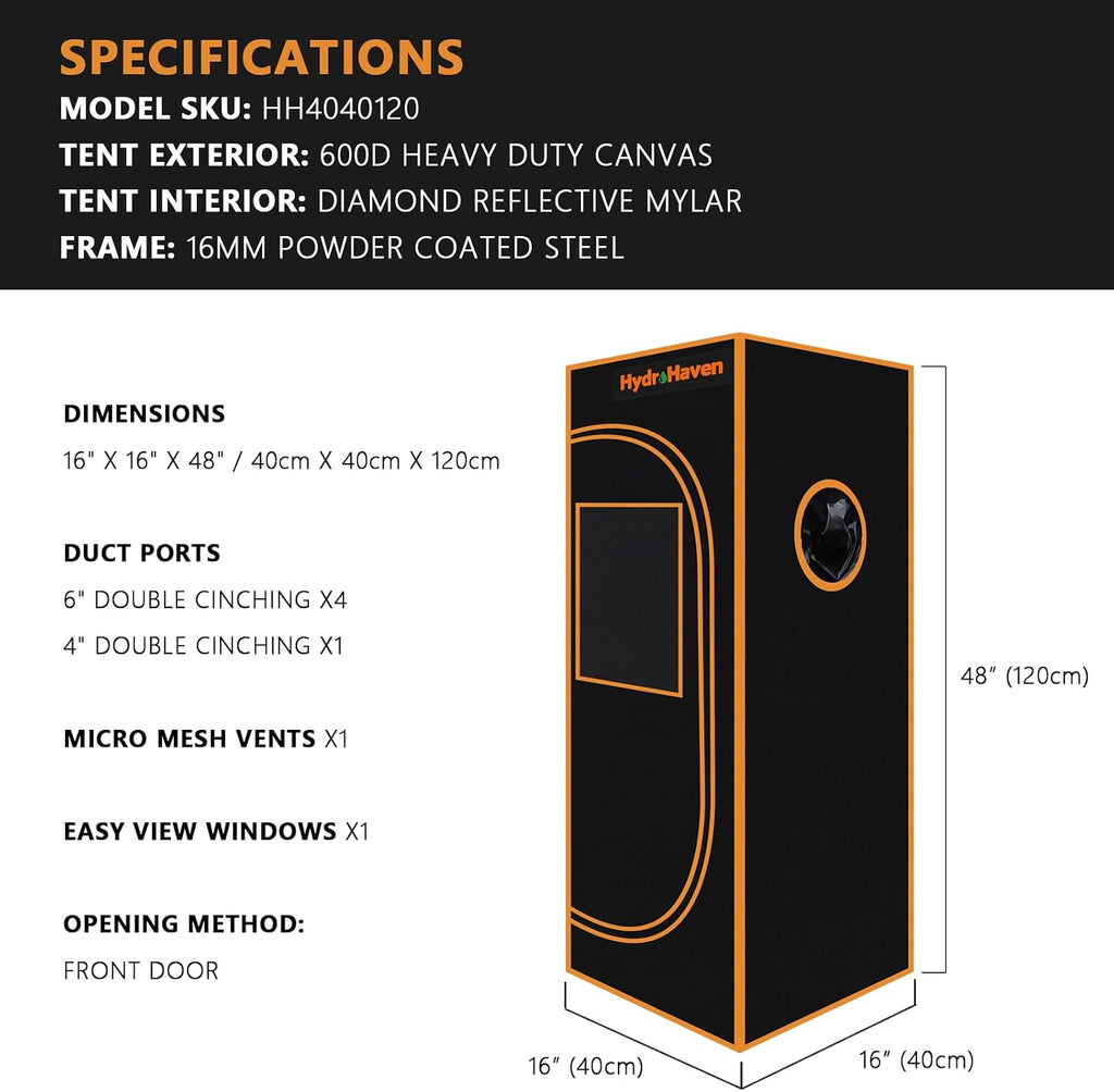 16"x16"x48" grow tent kit - heavy-duty 600d diamond shown in use