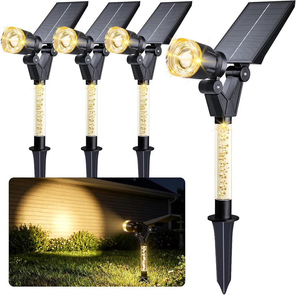 Solar Spot Lights Outdoor Waterproof Spotlights, Warm White 4 Pack | Solar Lights Outdoor for Yard Pathway Tree House Outside Landscape Lighting, Auto On/Off, Adjustable Angle, Illuminated Pole