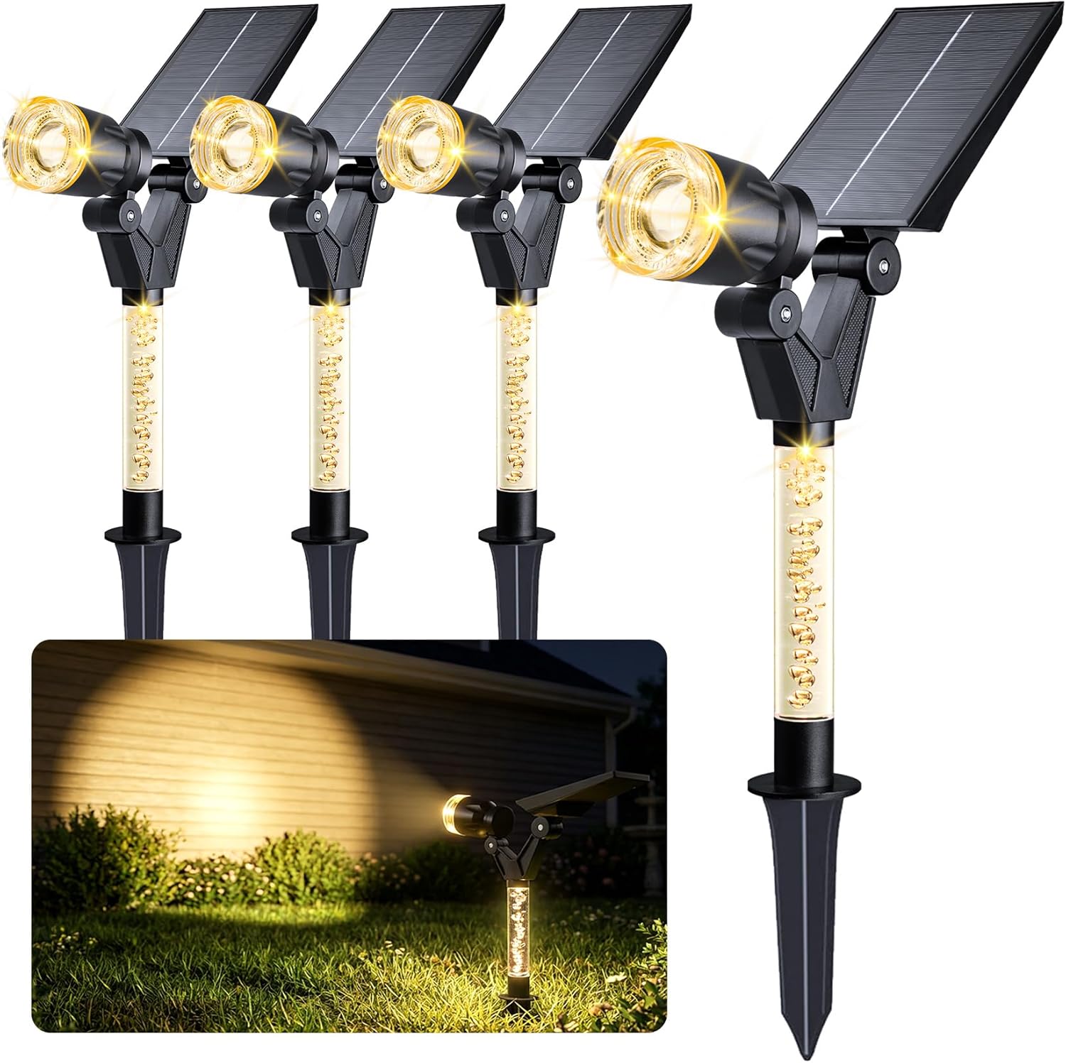Solar Spot Lights Outdoor Waterproof Spotlights, Warm White 4 Pack | Solar Lights Outdoor for Yard Pathway Tree House Outside Landscape Lighting, Auto On/Off, Adjustable Angle, Illuminated Pole
