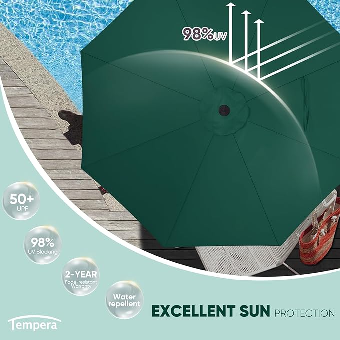 Tempera Patio Market Outdoor Table Umbrella with Auto Tilt and Crank, Large Sun Umbrella with Sturdy Pole & Fade Resistant Canopy, Easy to Set