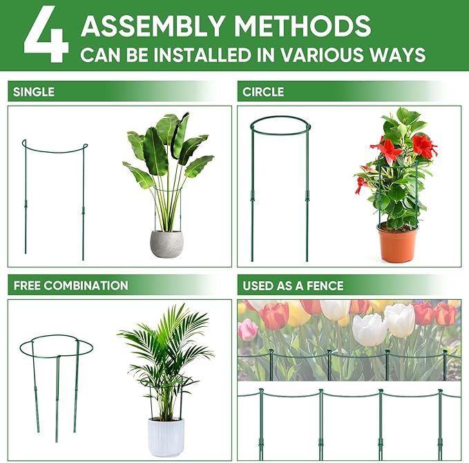 16 Pack 32 or 16 inch Adjustable Plant Support Stakes, Heavy-Duty Half Round Peony Support, Garden Plant Stakes Cage for Outdoor Plants, Peony, Tomato, Hydrangea, (16In Support +16In Extension Tubes)