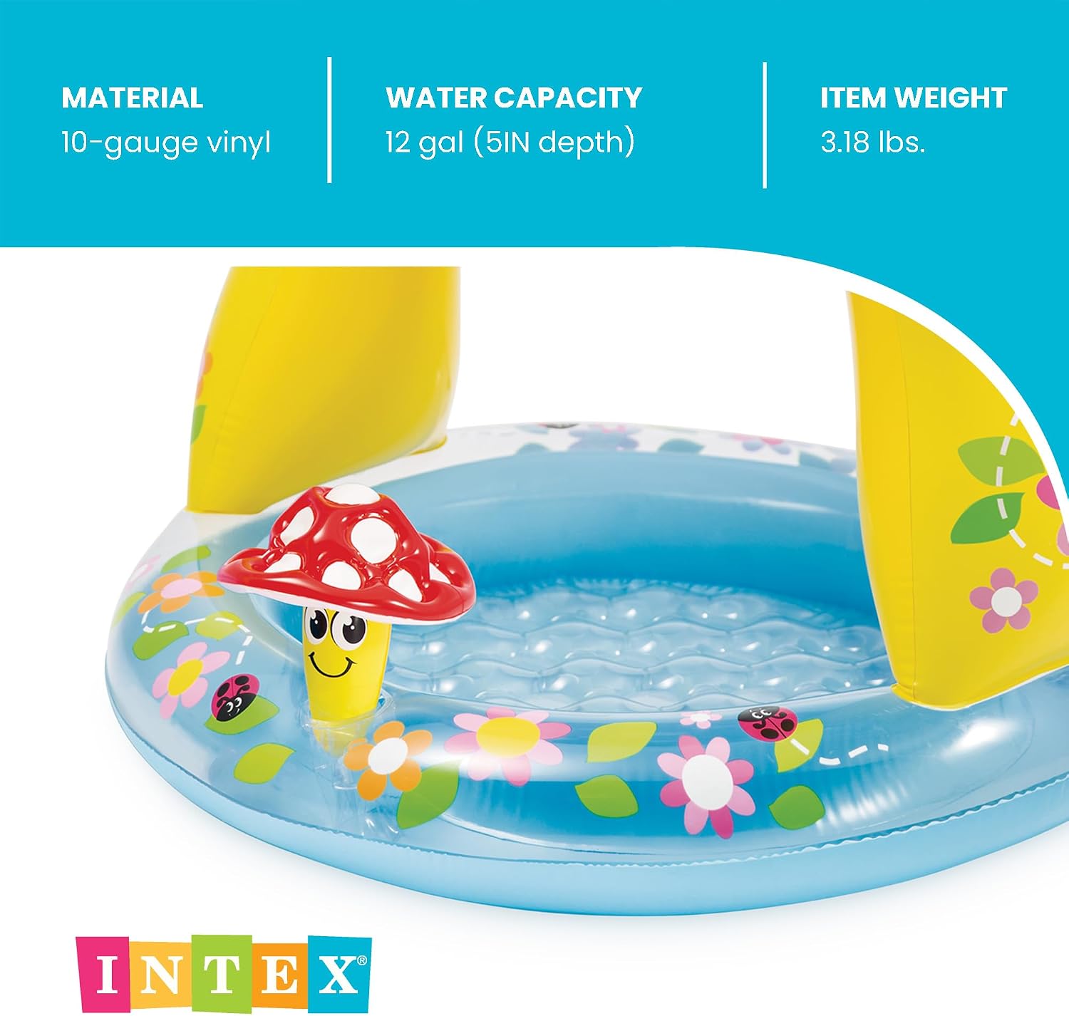 INTEX 57114EP Mushroom Baby Pool: Built-In Mushroom Shade – Soft Inflatable Floor – Durable Vinyl – Ages 1-3 – 40" x 35"