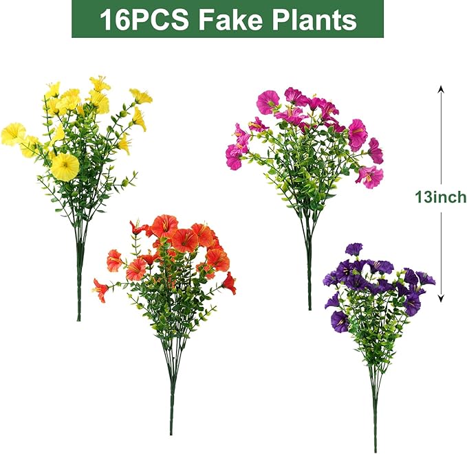 Artificial Flowers for Outdoors, UV Resistant Fake Silk Morning Glory, Realistic Faux Plants for Outside Porch Patio Window Box Hanging Planter (16, Purple Fuchsia Yellow Orange)