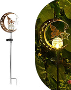 Solar Lights Garden Decorations Outdoor-Moon Fairy Lights with Crackle Glass Globe,Lawn Decorative Lights Waterproof Warm White LED, Decoration for Pathway Lawn Patio Courtyard Backyard(Moon Elf)