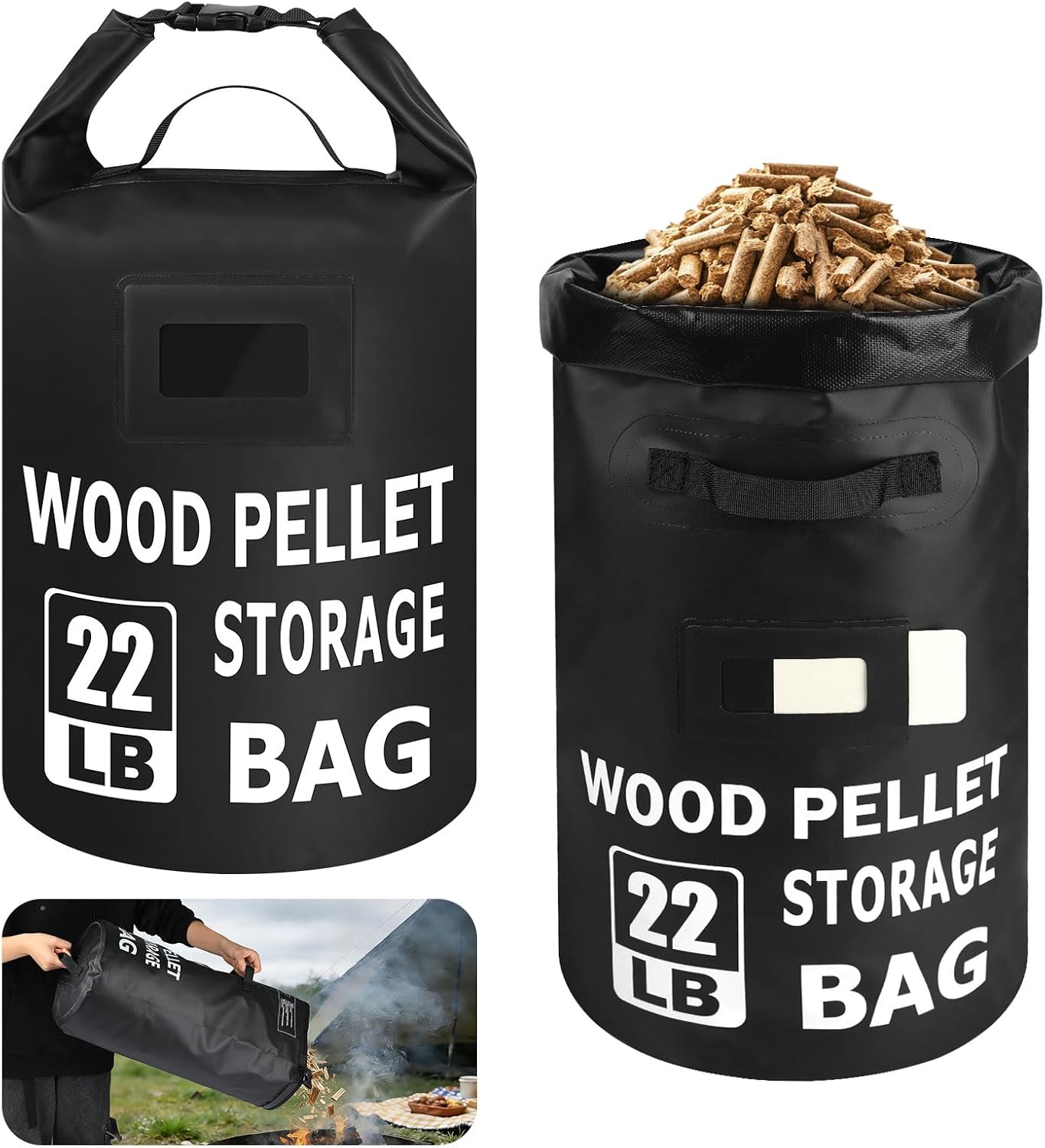 22LB Waterproof Wood Pellet Storage Containers - Dual Handles, Label Pocket | Portable 500D PVC BBQ Smoker Pellet Storage Bag, Stay Dry Grill Pellets Storage Container for Fuel, Charcoal, Wood Chips-1PCS