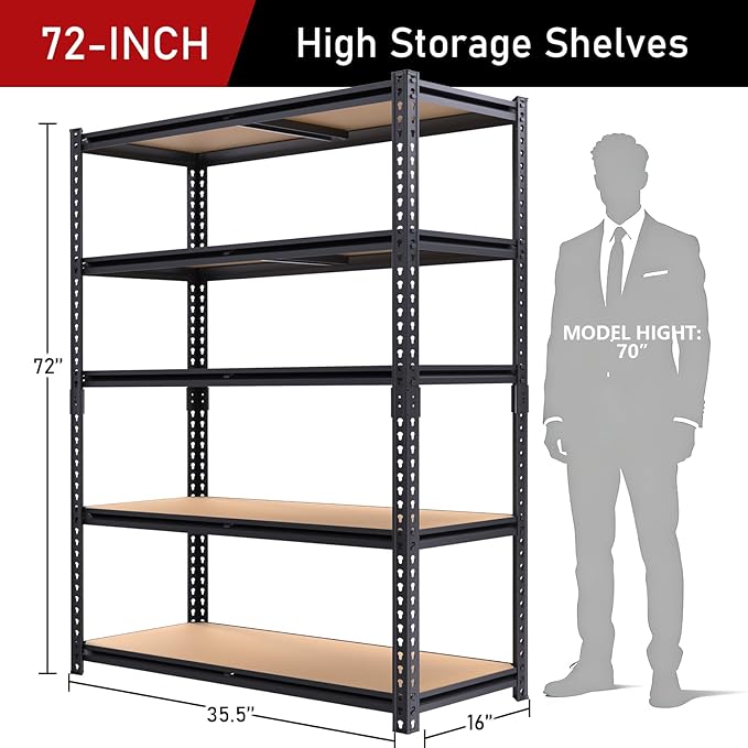 72" H Storage Shelves,Storage Shelves Heavy Duty,2400LBS Metal Shelving Units,Adjustable Garage Shelving Heavy Duty for Garage Storage,Warehouse,16"x35.5"x72",2 Pack