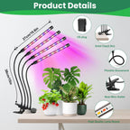 Grow Lights for Indoor Plants, Full Spectrum with Clip, 4 Head | 6000K Plant Light, Timer 6/12/16Hrs, 3 Spectrums, 5 Dimmable Levels, Flexible Gooseneck