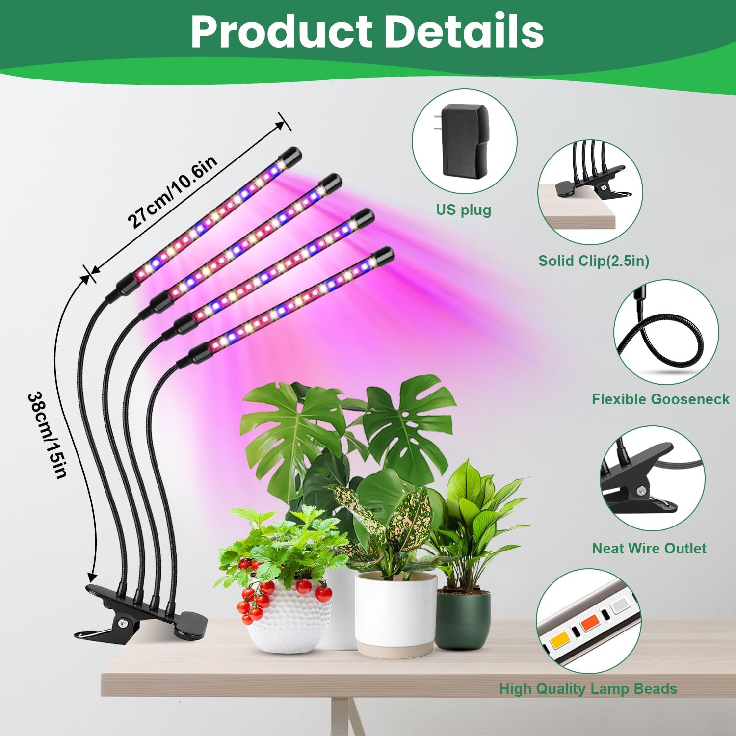 Grow Lights for Indoor Plants, Full Spectrum with Clip, 4 Head | 6000K Plant Light, Timer 6/12/16Hrs, 3 Spectrums, 5 Dimmable Levels, Flexible Gooseneck