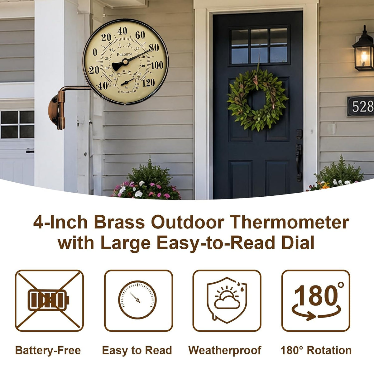 4 inch vintage outdoor thermometer & humidity gauge shown in use