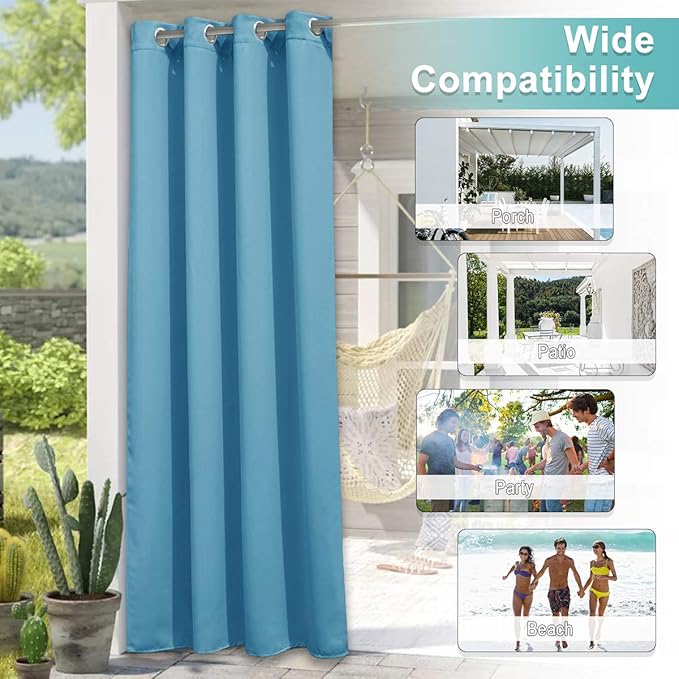NICETOWN 2 Pieces Outdoor Curtains for Patio Waterproof, Energy Saving Thermal Insulated Stainless Steel Grommet Sunlight Block Privacy Protect for Pool/Porch, W52 x L108, Teal Blue