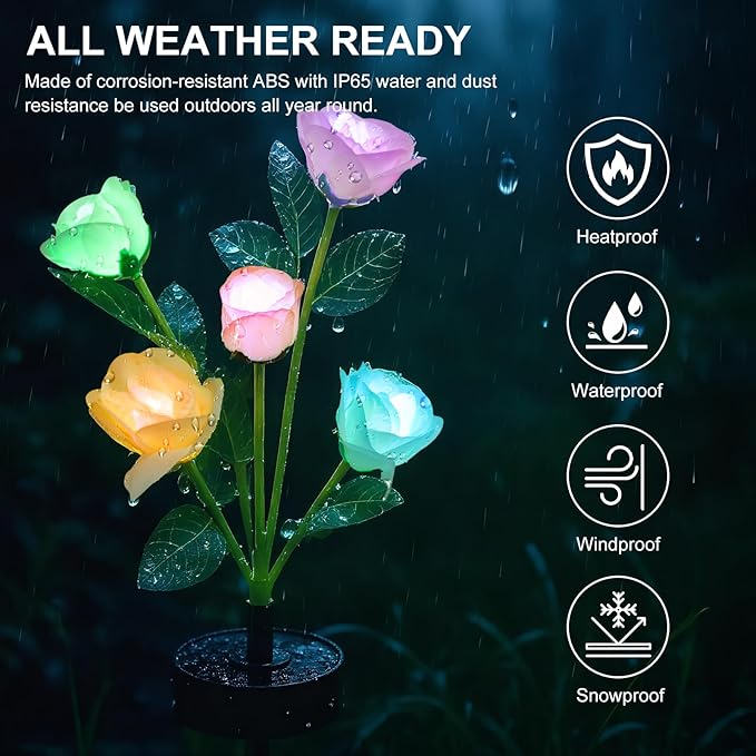 Upgraded Solar Garden Lights, 4 Pack Outdoor Solar Lights, New Round Panel for 40-Hour Runtime, Serve as Outdoor & Indoor Decor, 7-Color Changing Flower Lights, Waterproof for Patio Yard Decoration