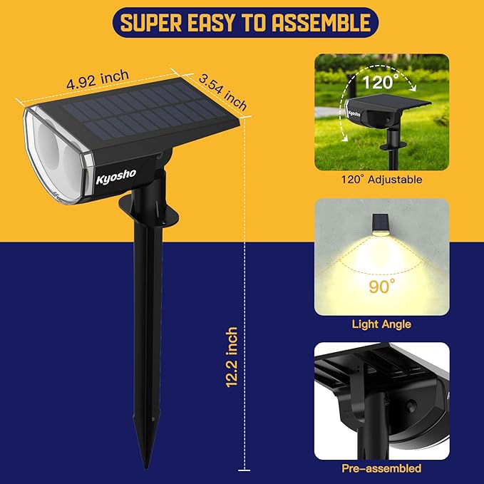 Kyosho Solar Outdoor Lights Waterproof IP67, 38 LEDs Solar Spot Lights Outdoor, 2-in-1 Landscape Spotlight with 3 Modes for Lawn, Pathway, Yard, Pool, 4 Pack