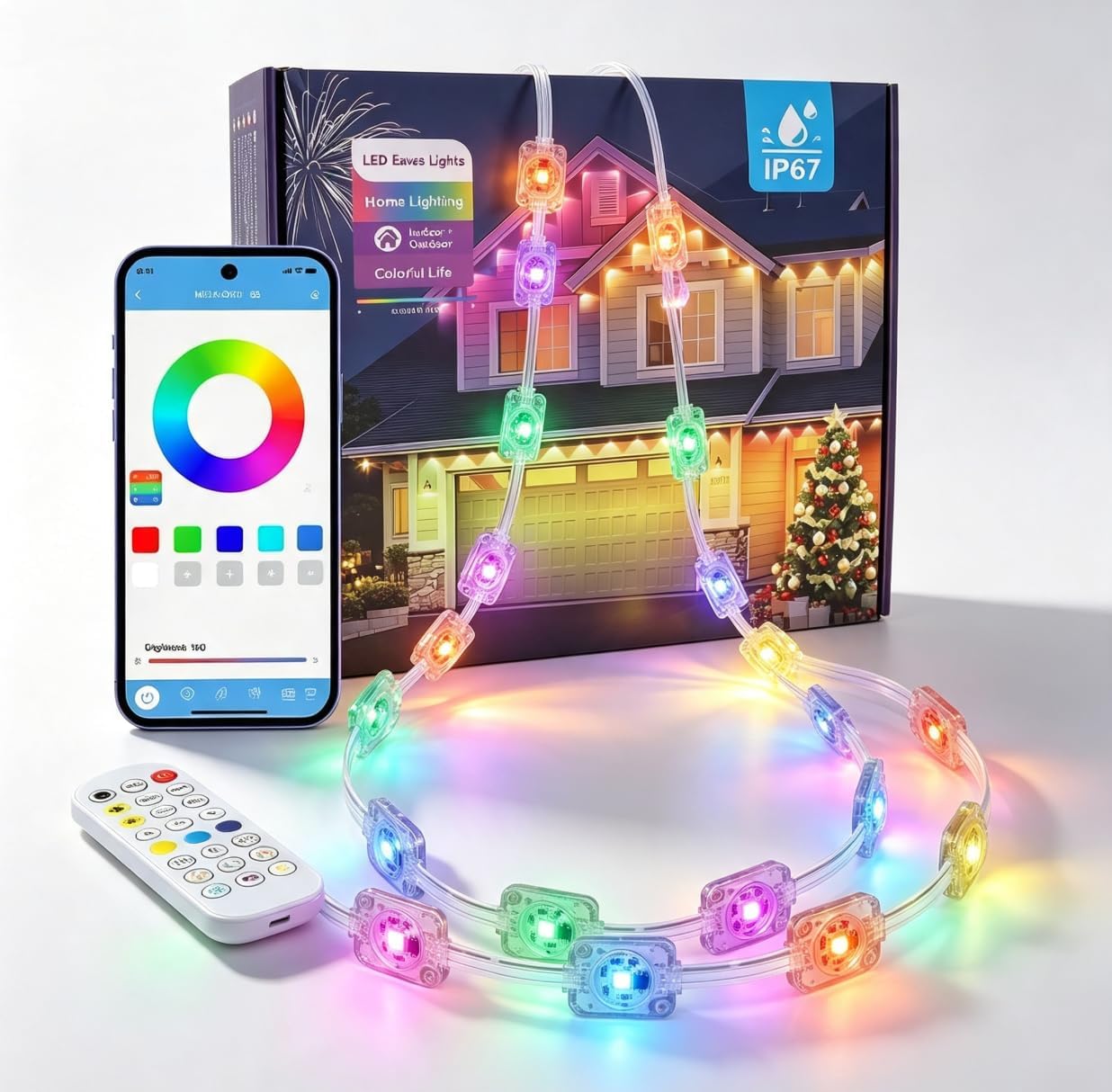 100FT Smart Permanent Outdoor Lights Eaves String | IP67 waterproof, APP & remote control, LED roofline lighting for Christmas and daily decor